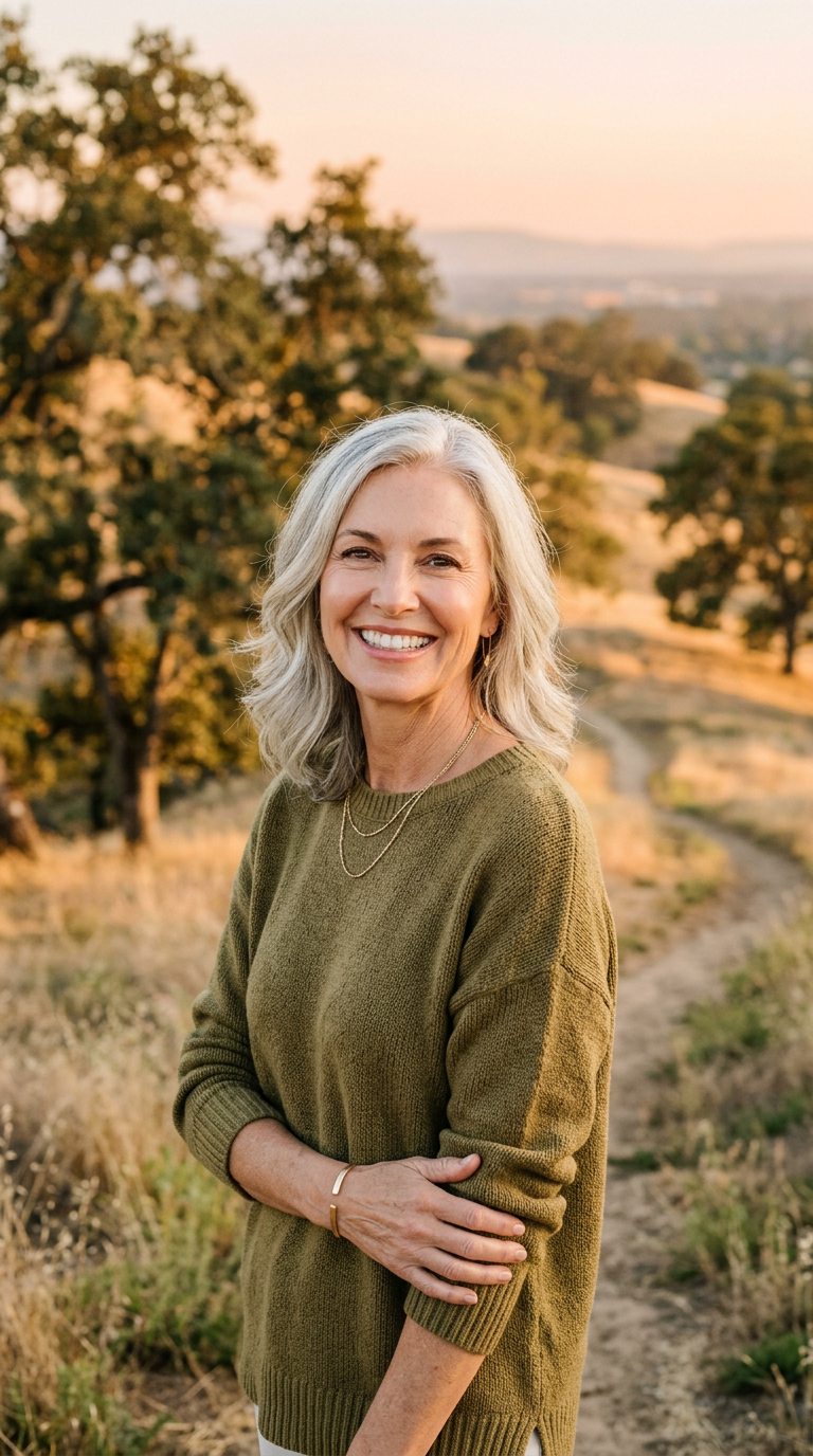 Smiling woman in her fifties outdoors at golden hour