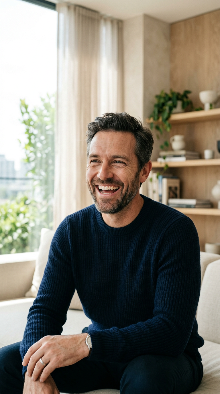 Man in a navy sweater laughing with a healthy smile
